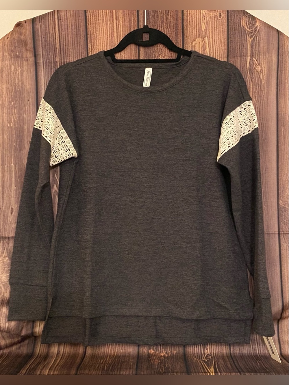 Flora Nikrooz Charcoal Gray Lace-Accent Long Sleeve Top size Small